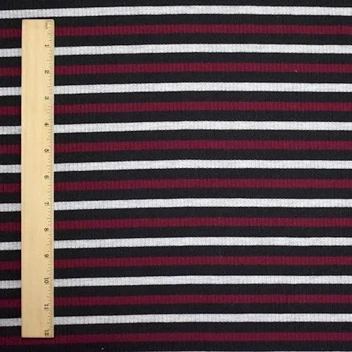 Black/Wine Red/Gray Striped 4x2 Rib Knit Fabric