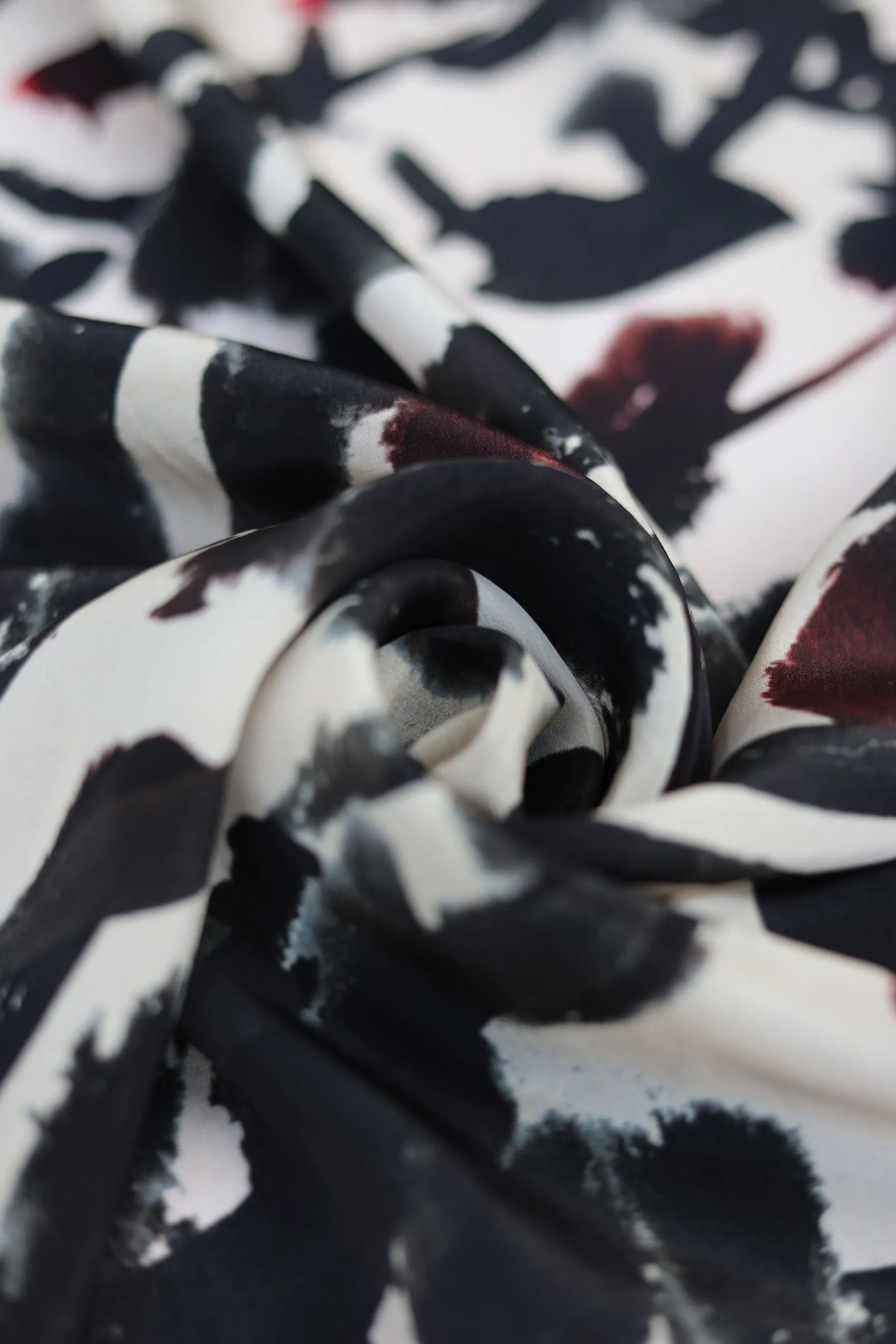 Blotchy Black and Off-white Seamless Pattern Printed Natural Crepe Silk Fabric