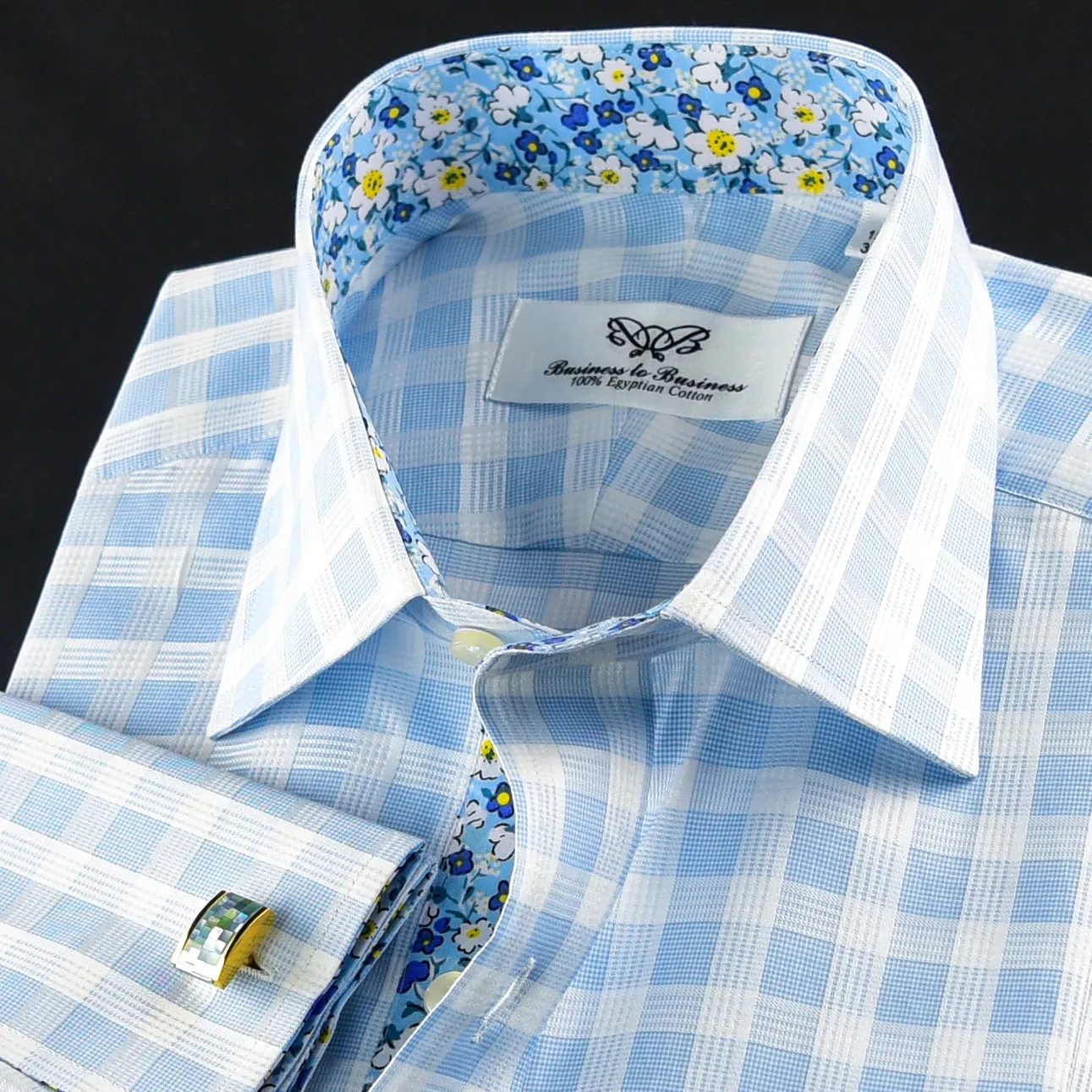 Blue Check Formal Business Dress Shirt Wih Blue Floral Inner Lining Double Cuff)