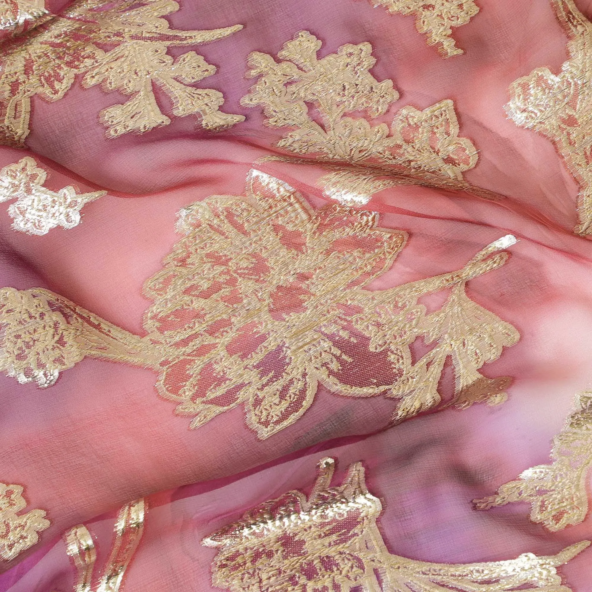 Brick red, magenta pink Premium Pure silk chiffon dirac with gold metallic lurex in floral design-D8866