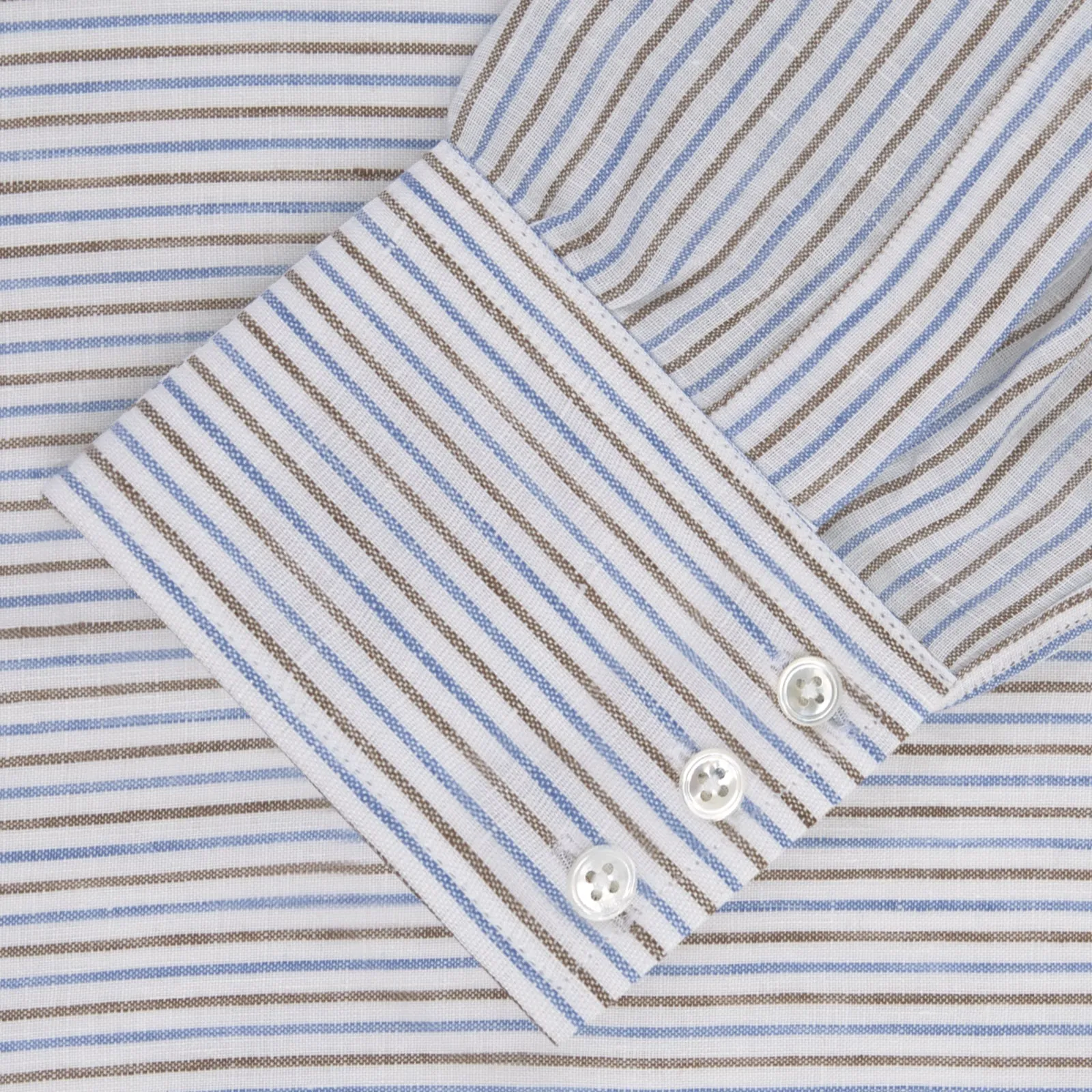 Brown and Blue Ticking Stripe Linen Shirt with POW Collar and 3-Button Cuffs