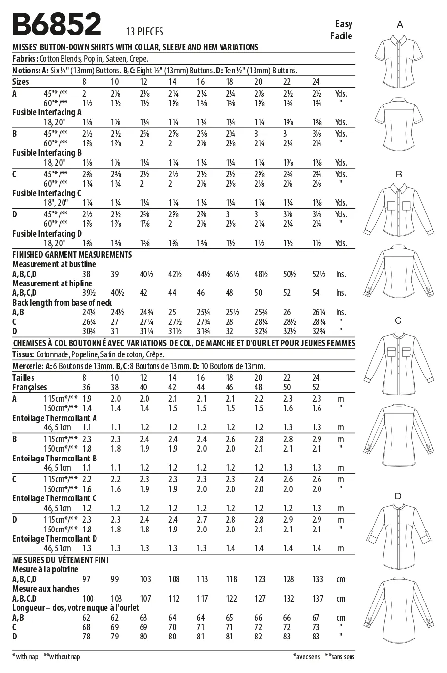 Butterick Pattern B6852 Misses' Button-Down Shirts With Collar, Sleeve  &  Hem Variations