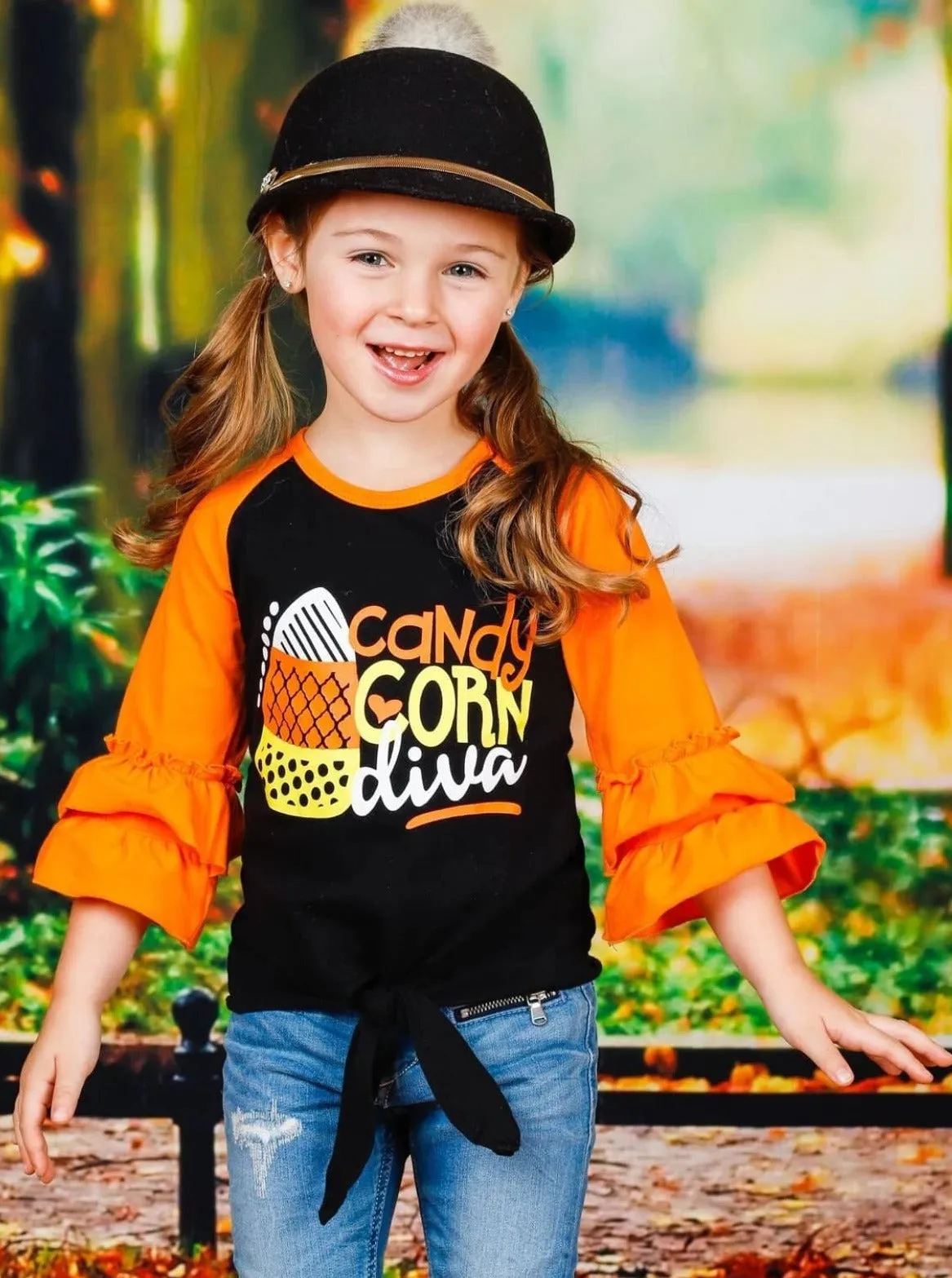 Candy Corn Diva Ruffle Raglan Knot Hem Top