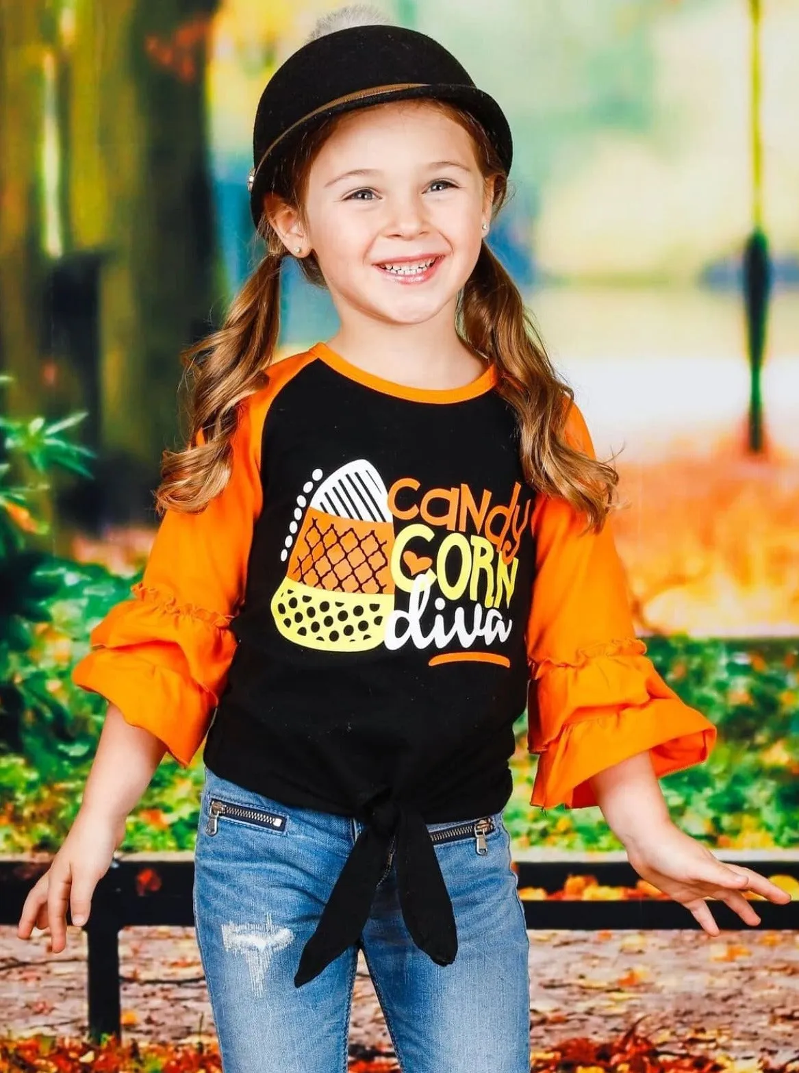 Candy Corn Diva Ruffle Raglan Knot Hem Top