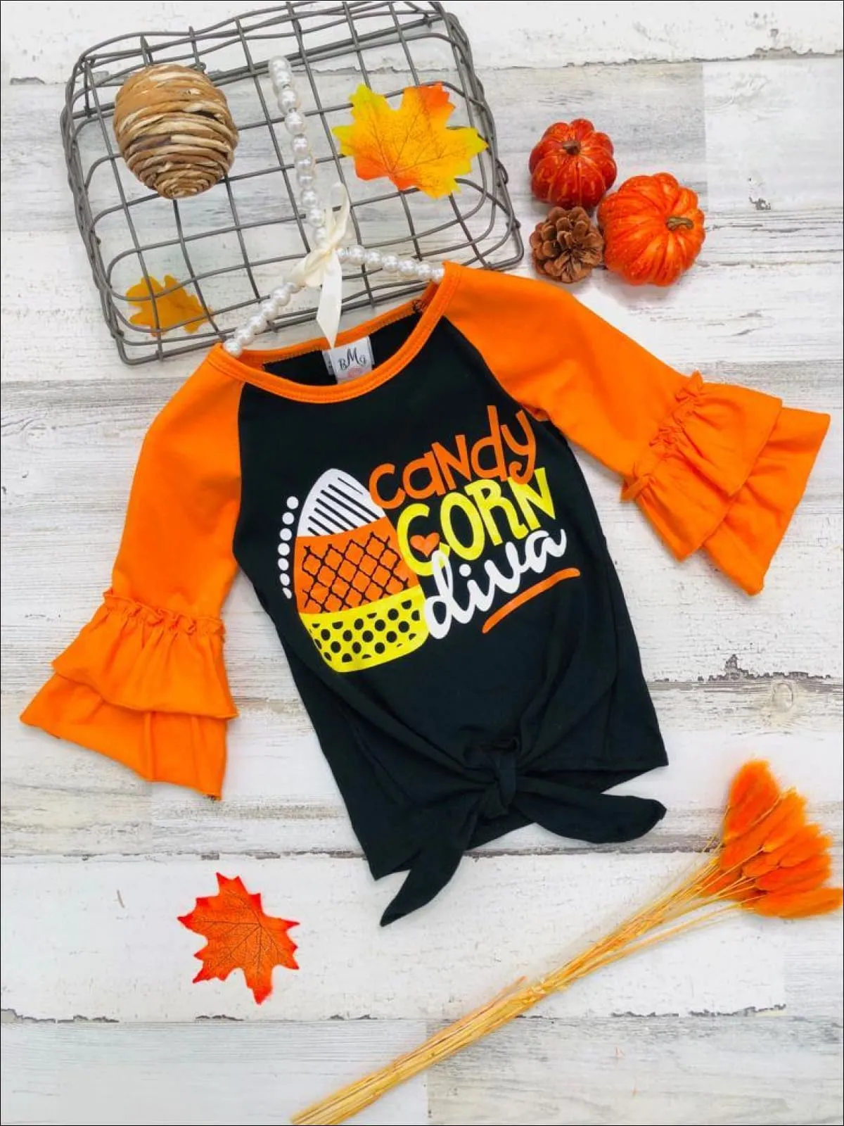 Candy Corn Diva Ruffle Raglan Knot Hem Top