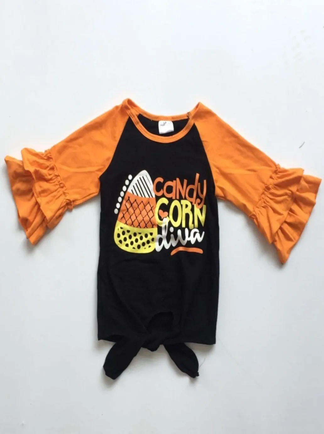 Candy Corn Diva Ruffle Raglan Knot Hem Top