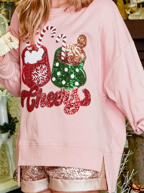 Christmas Candy Cup Sequins Sweatshirt Casual Loose Top