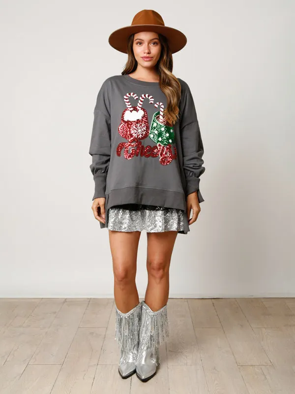 Christmas Candy Cup Sequins Sweatshirt Casual Loose Top