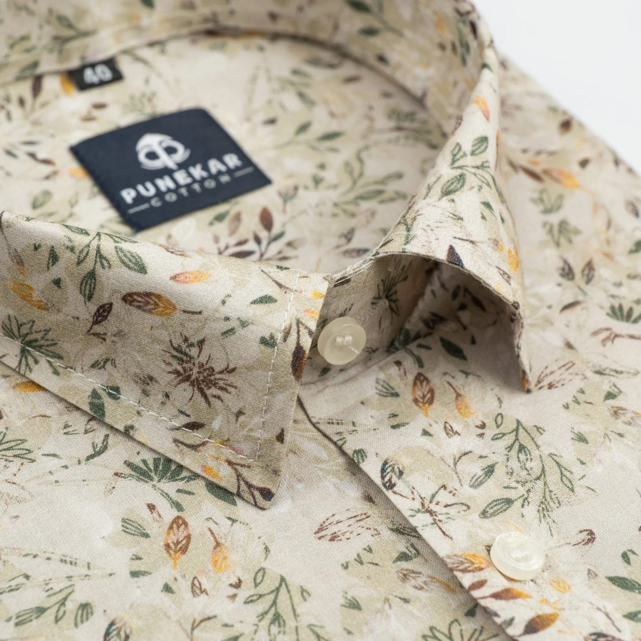 Cream Leaf Printed Wool Cotton Shirt For Men