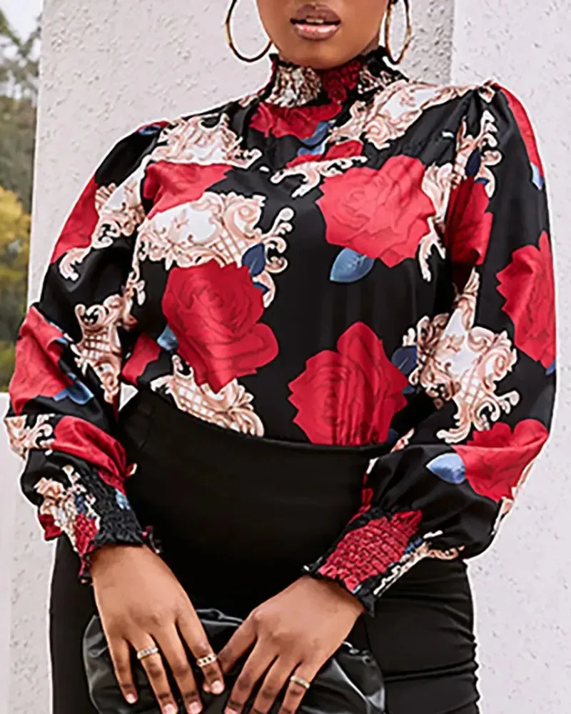 Deanwangkt - Baroque Floral Print Ruched Top With Ruffle Hem