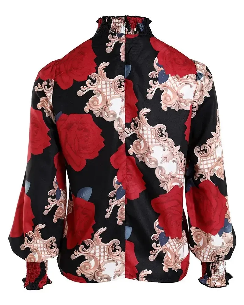 Deanwangkt - Baroque Floral Print Ruched Top With Ruffle Hem