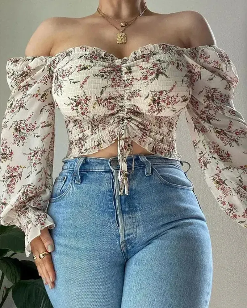 Deanwangkt - Floral Print Drawstring Off Shoulder Cropped Top