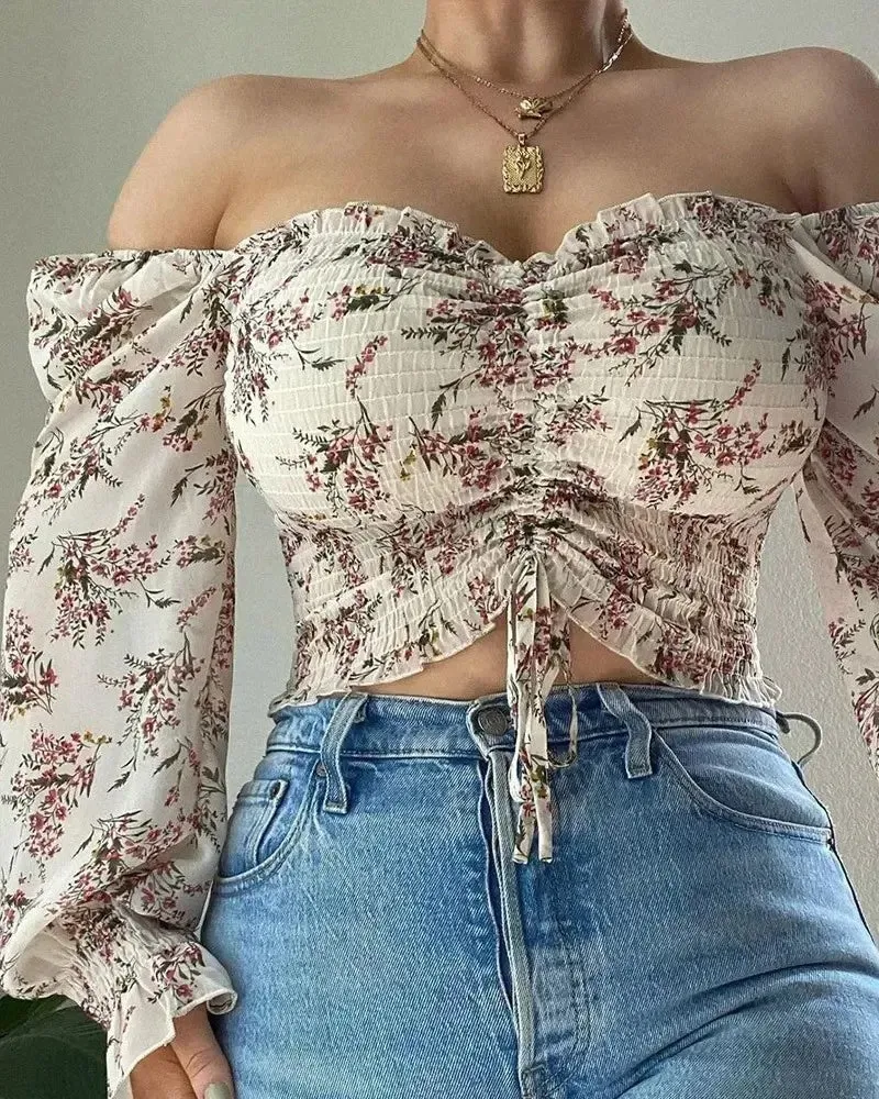 Deanwangkt - Floral Print Drawstring Off Shoulder Cropped Top