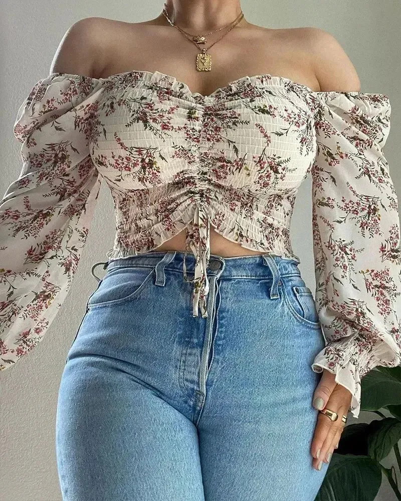 Deanwangkt - Floral Print Drawstring Off Shoulder Cropped Top