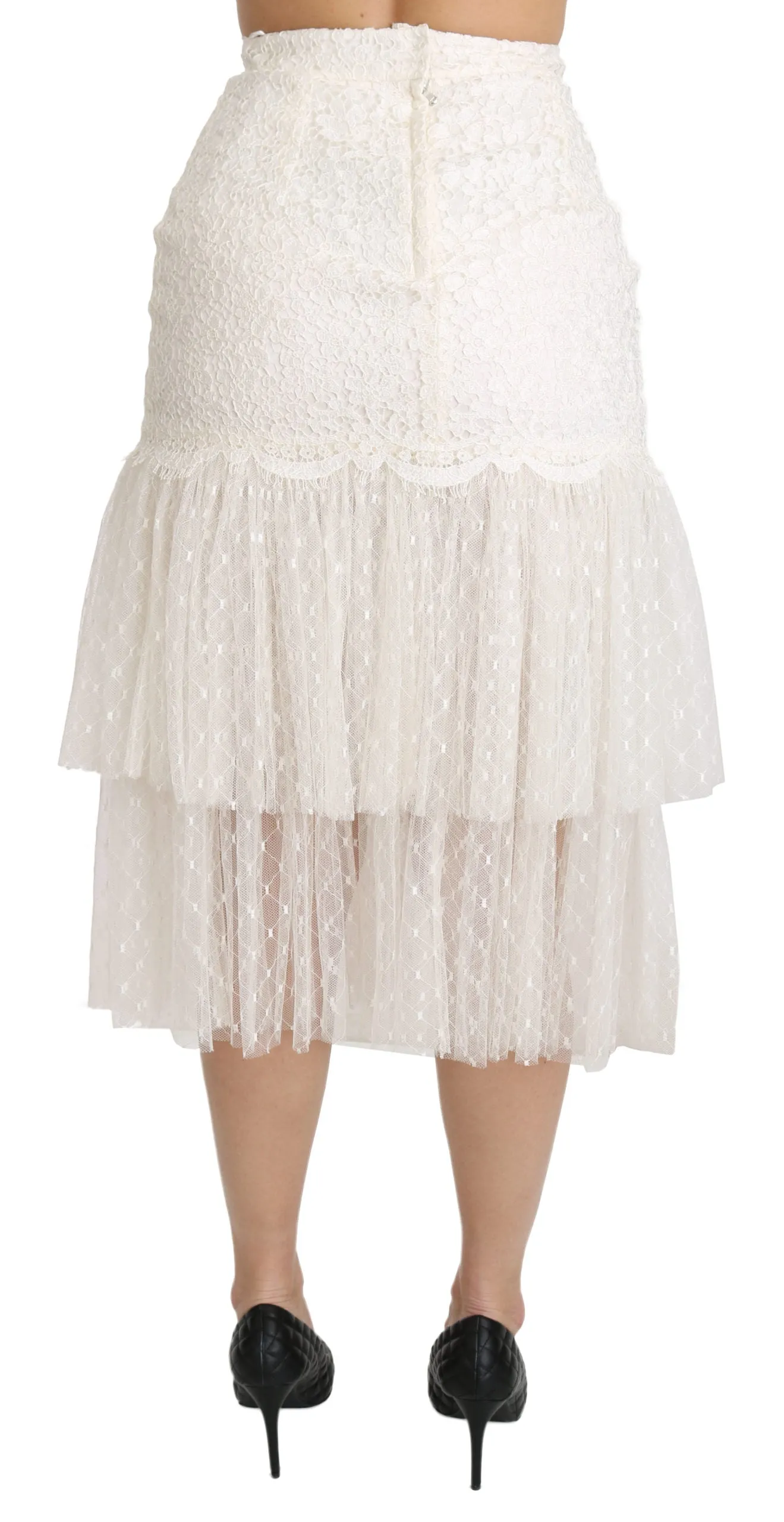 Dolce & Gabbana White Lace Layered High Waist Midi Cotton  Skirt