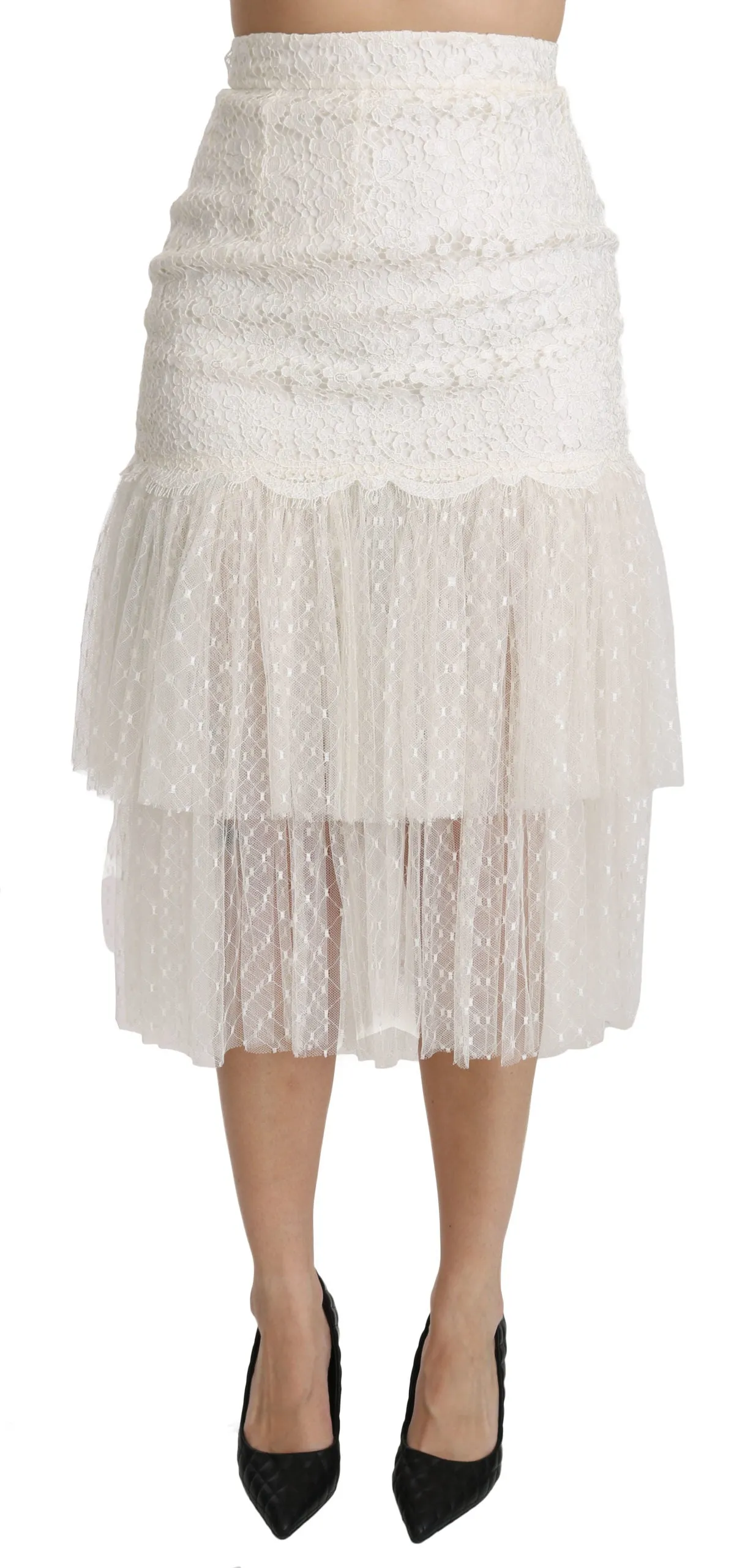 Dolce & Gabbana White Lace Layered High Waist Midi Cotton  Skirt