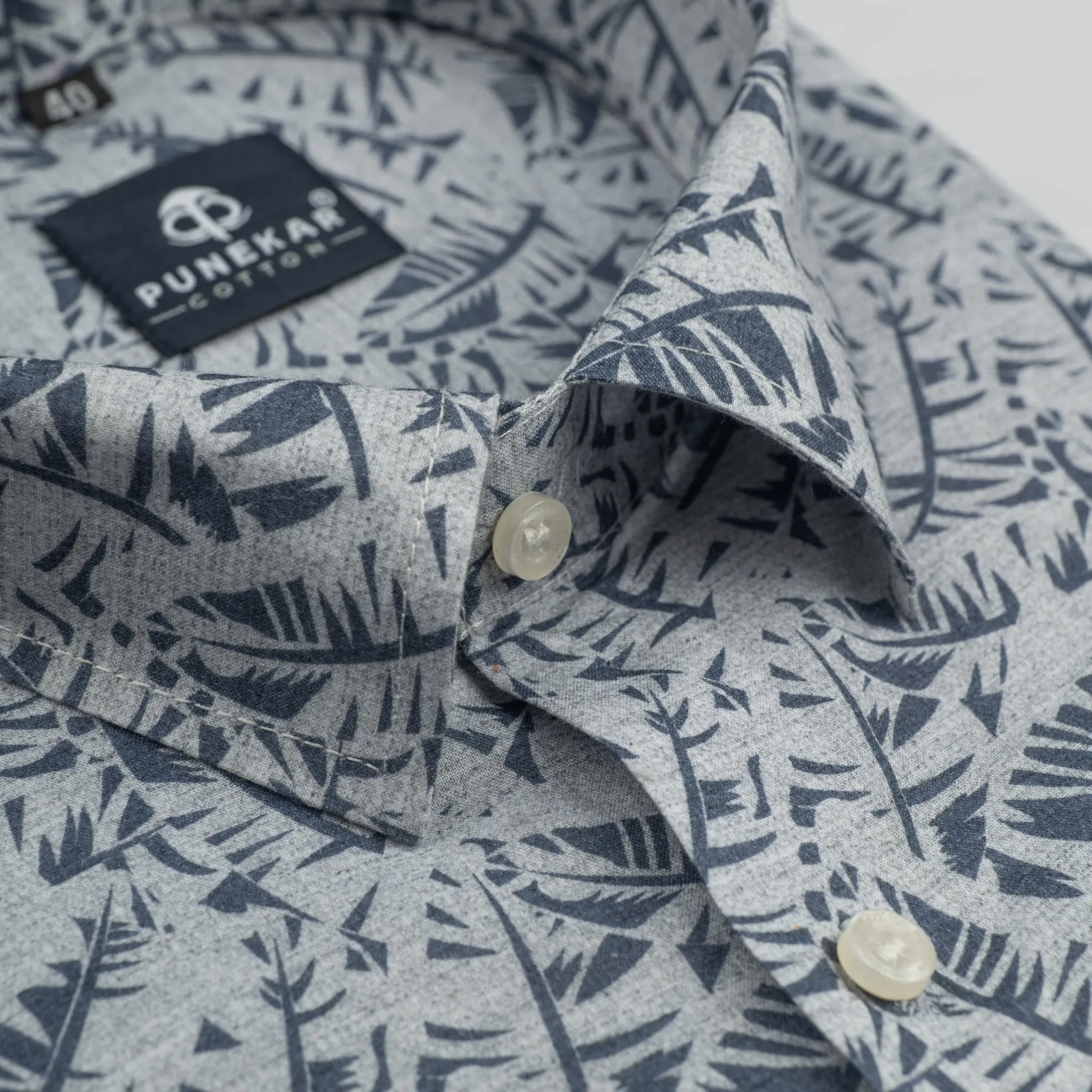 Grey Leaf Printed Wool Cotton Shirt For Men