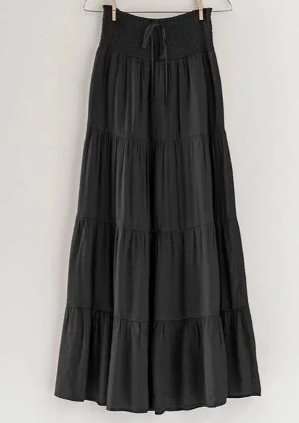 Halle Smocked Tiered Double Layer Long Skirt | Black