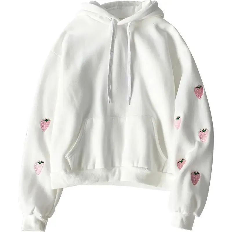 Harajuku Strawberry Embroidery Lavender Pink Sweatshirt Autumn Winter Women Kawaii Loose Long Sleeves Tops Oversized Hoodies XXL