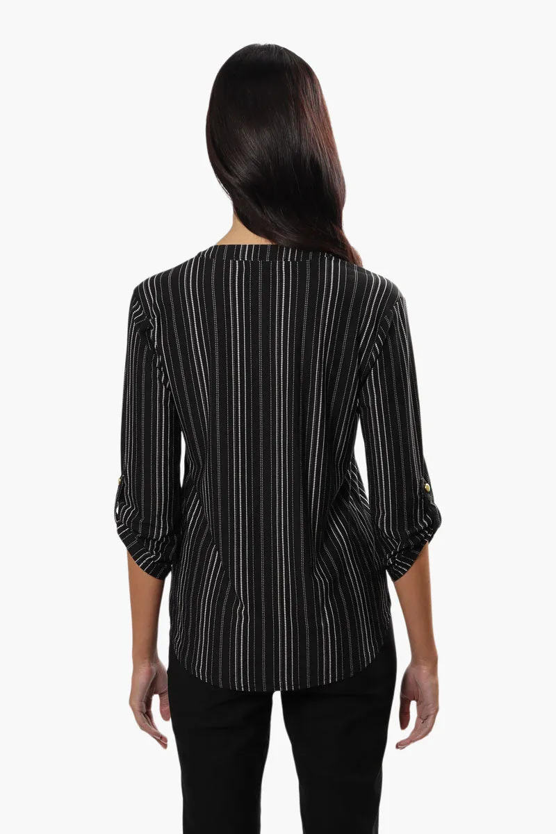 International INC Company Striped Roll Up Sleeve Blouse - Black