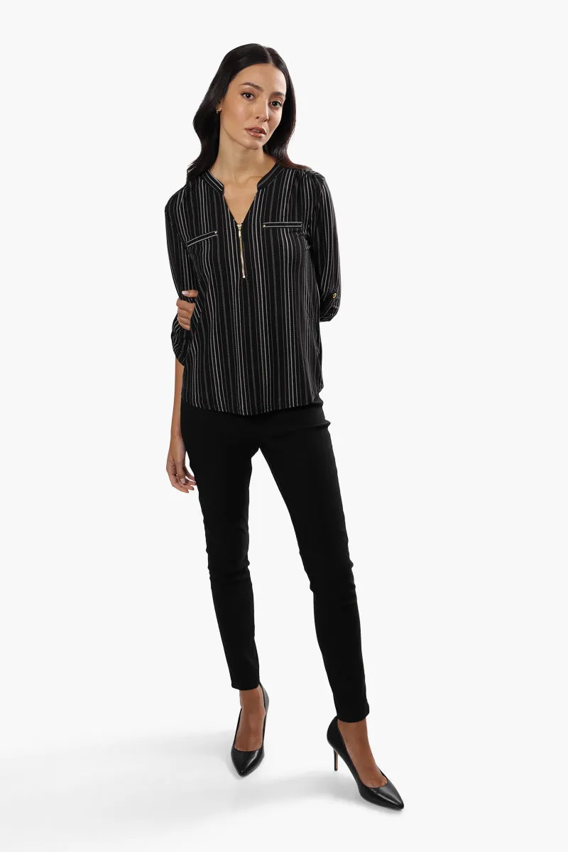 International INC Company Striped Roll Up Sleeve Blouse - Black