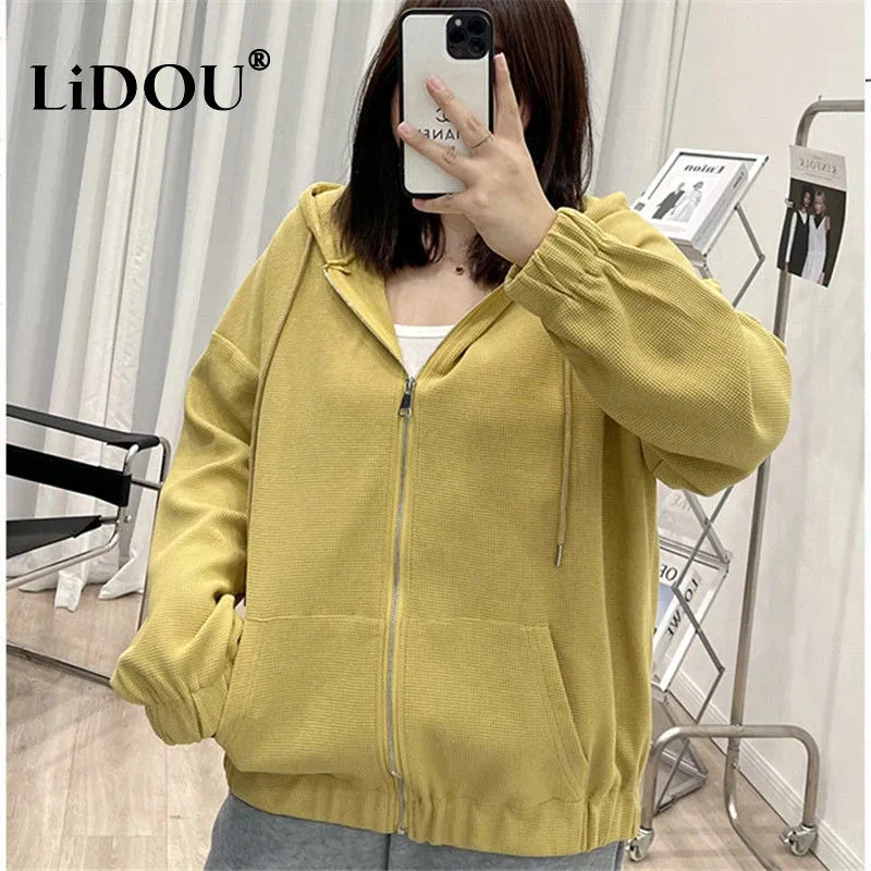 Korean Style Loose Casual Waffle Sweatshirt Jackets