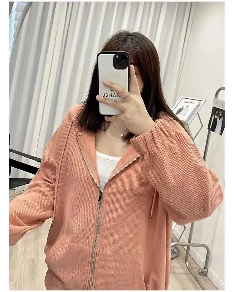 Korean Style Loose Casual Waffle Sweatshirt Jackets