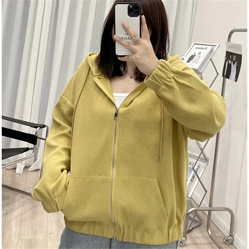 Korean Style Loose Casual Waffle Sweatshirt Jackets