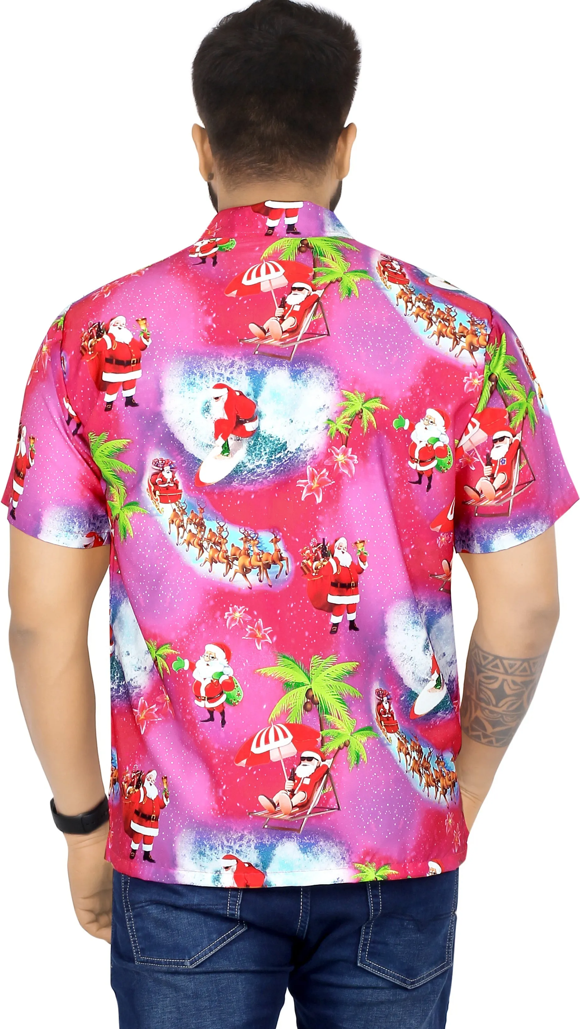 La Leela Men's 3D HD Santa Claus Christmas Beach Camp Short Sleeve Hawaiian Shirt - DRT231Pink