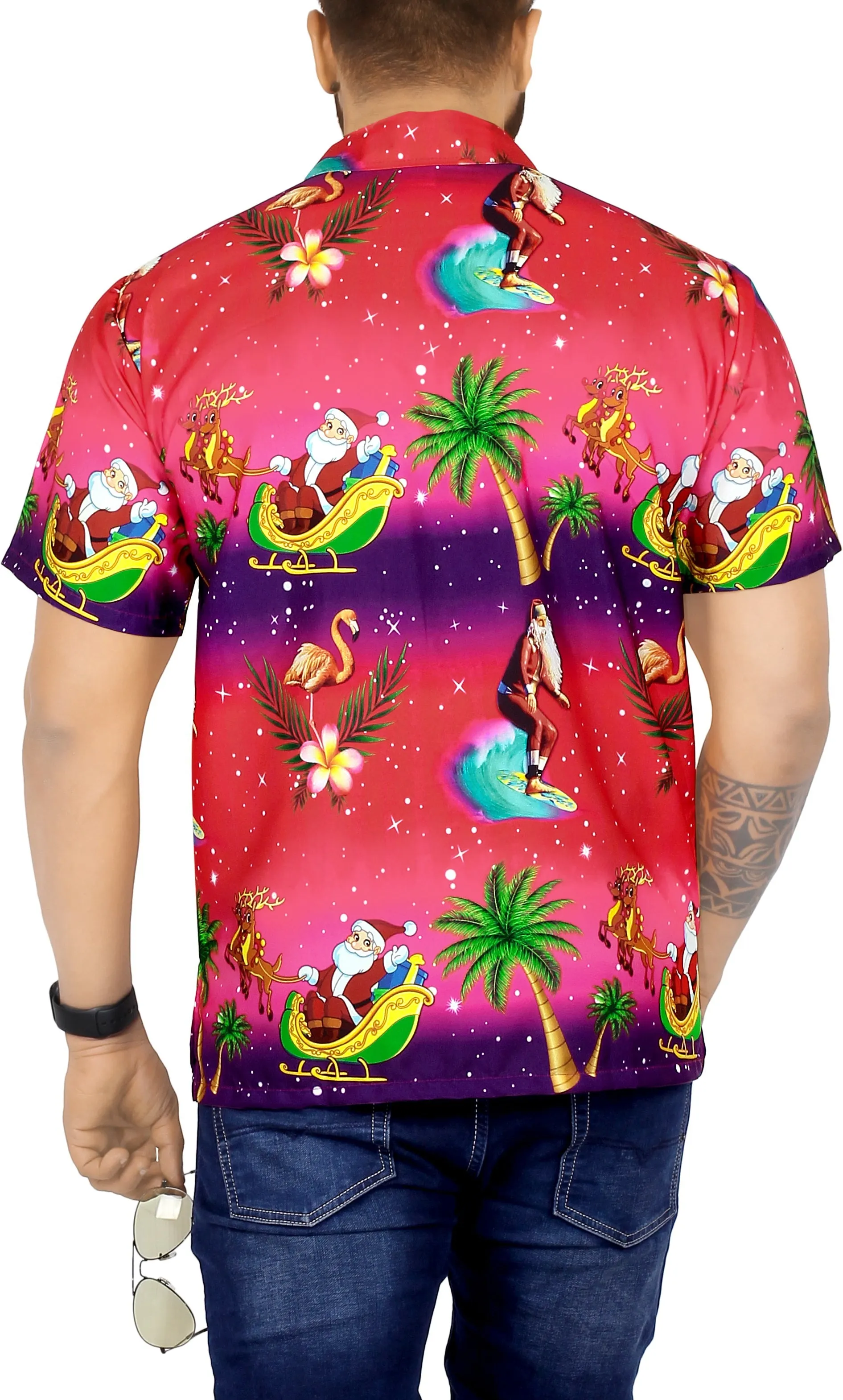 LA LEELA Men's Casual Beach hawaiian Shirt Aloha Christmas Santa front Pocket Short sleeve Pink_W582