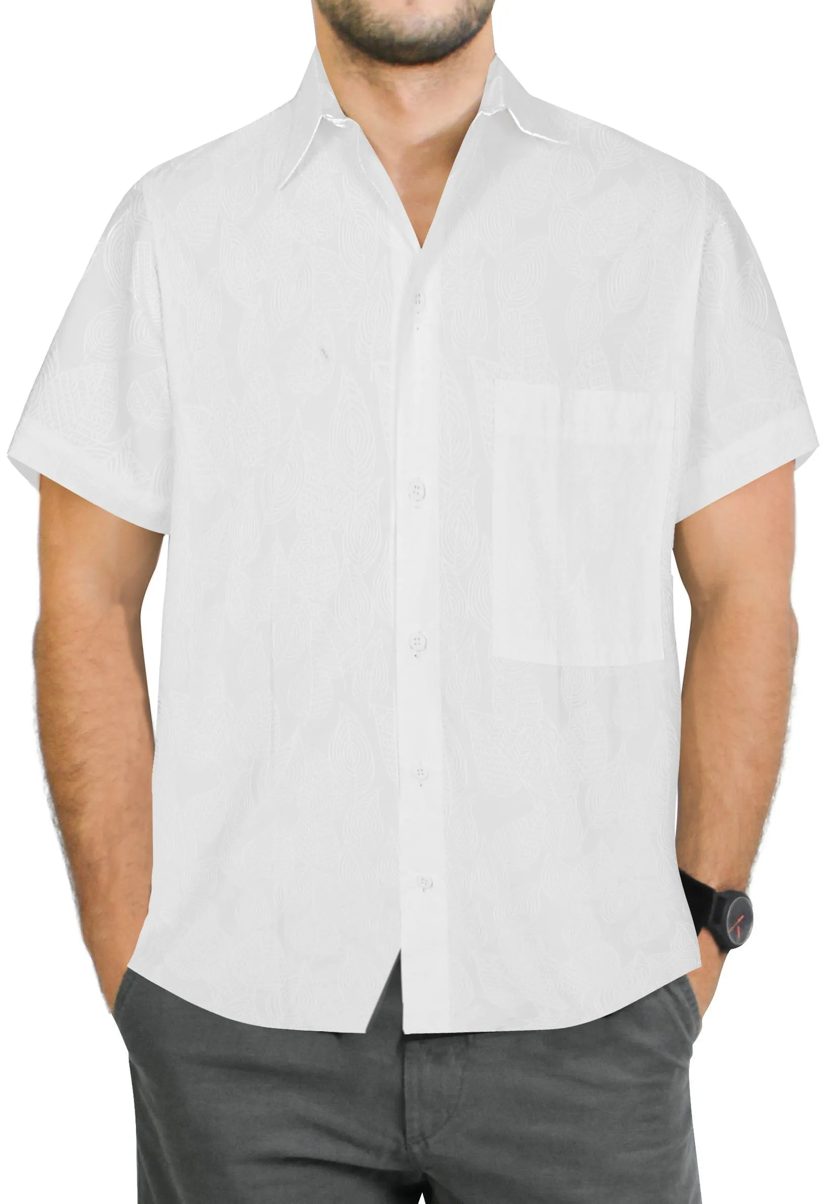 LA LEELA Men's Wear Summer Everyday Essentials Holiday Casual  Shirt 100% NATURAL COTTON  Hand Printed White Hawaiian shirt