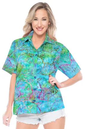 LA LEELA Women's Beach Button Down Short Sleeve Casual 100% cotton hand printed Blouse Multicolor