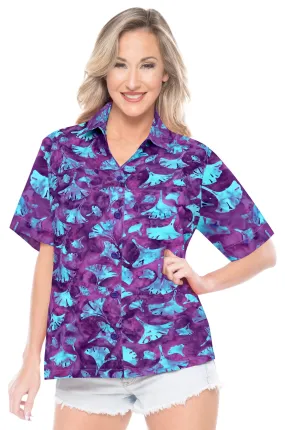 LA LEELA Women's Beach Button Down Short Sleeve Casual Floral leaf hand printed Blouse Purple