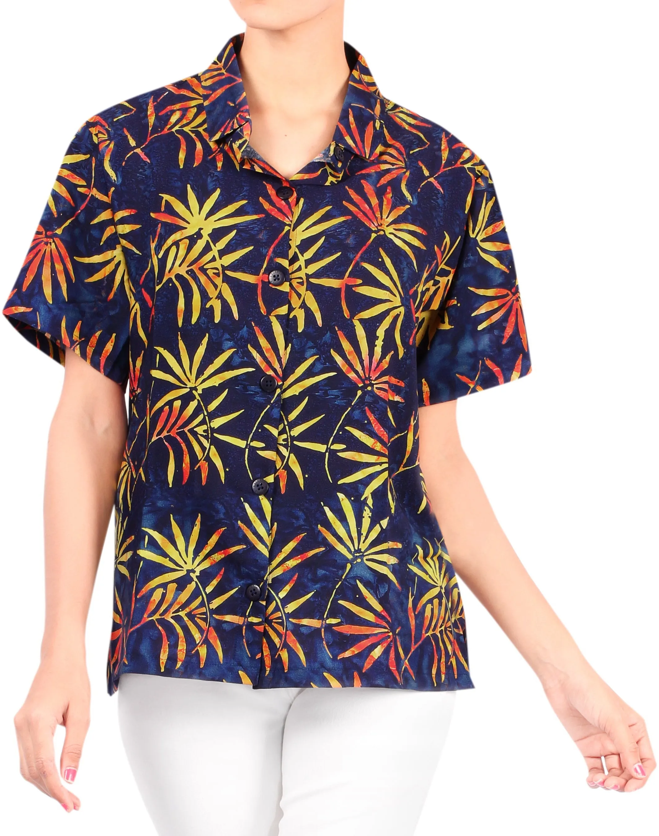 La Leela Women's Exotic Golden Print Relaxed fit Hawaiian Aloha Tropical Beach Blouse Short Sleeve Shirt Navy Blue