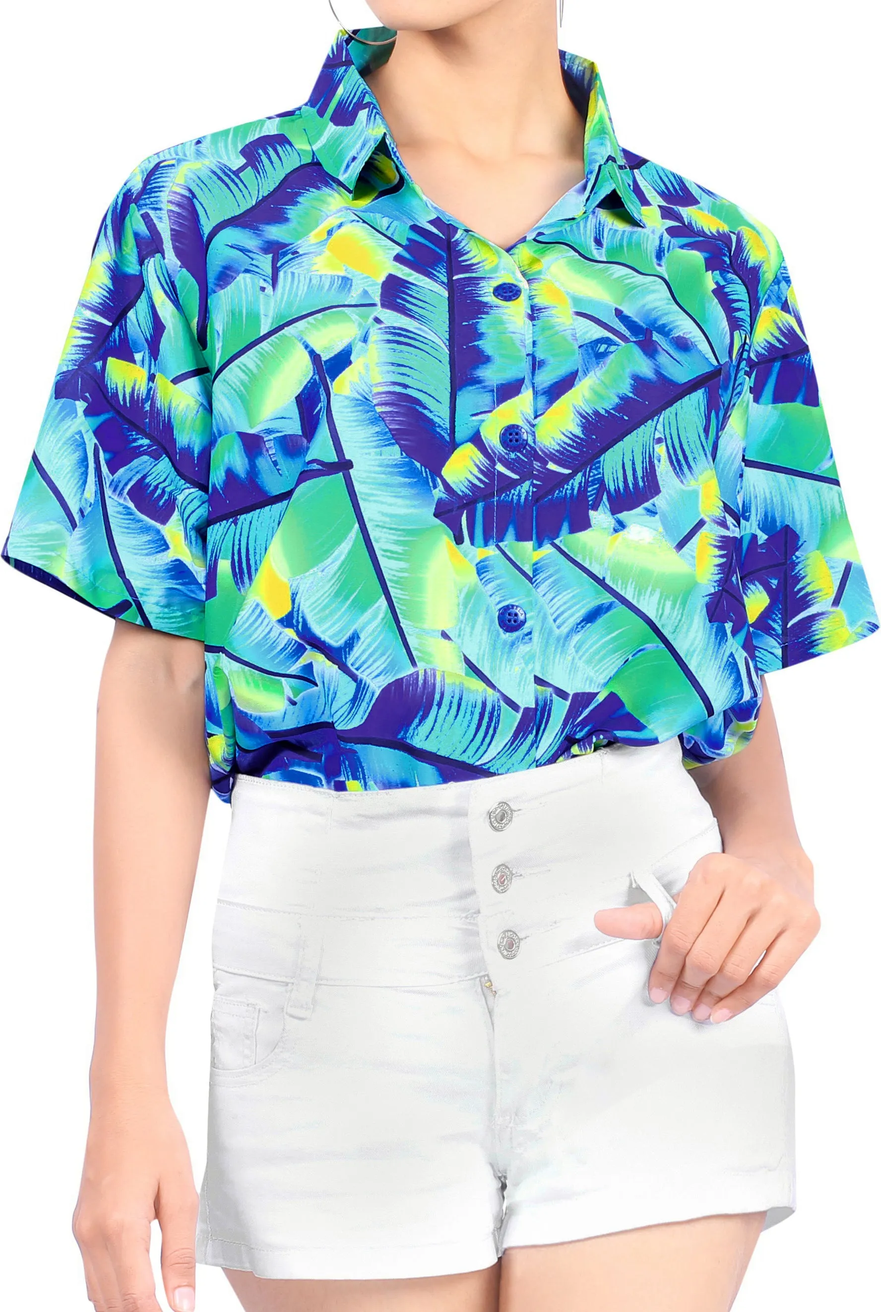 La Leela Women's Oceanic Fern Hawaiian Aloha Tropical Beach  Short Sleeve Relaxed Fit Blouse Printed Shirt Blue