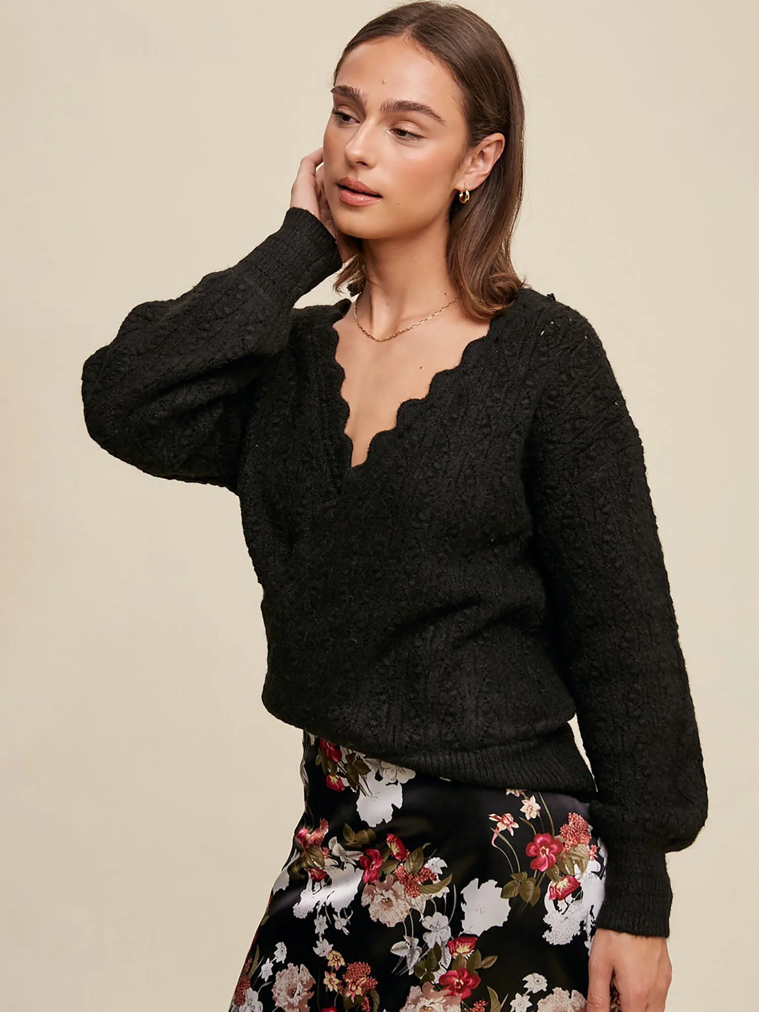 Listicle Pointelle Knit Wrap Sweater