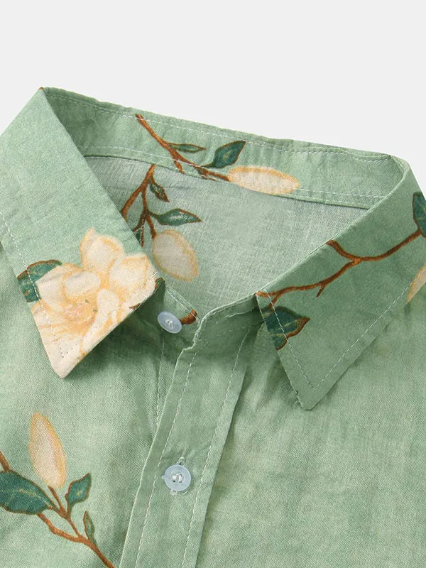 Men's Cotton Linen Printed Short Sleeve Shirt