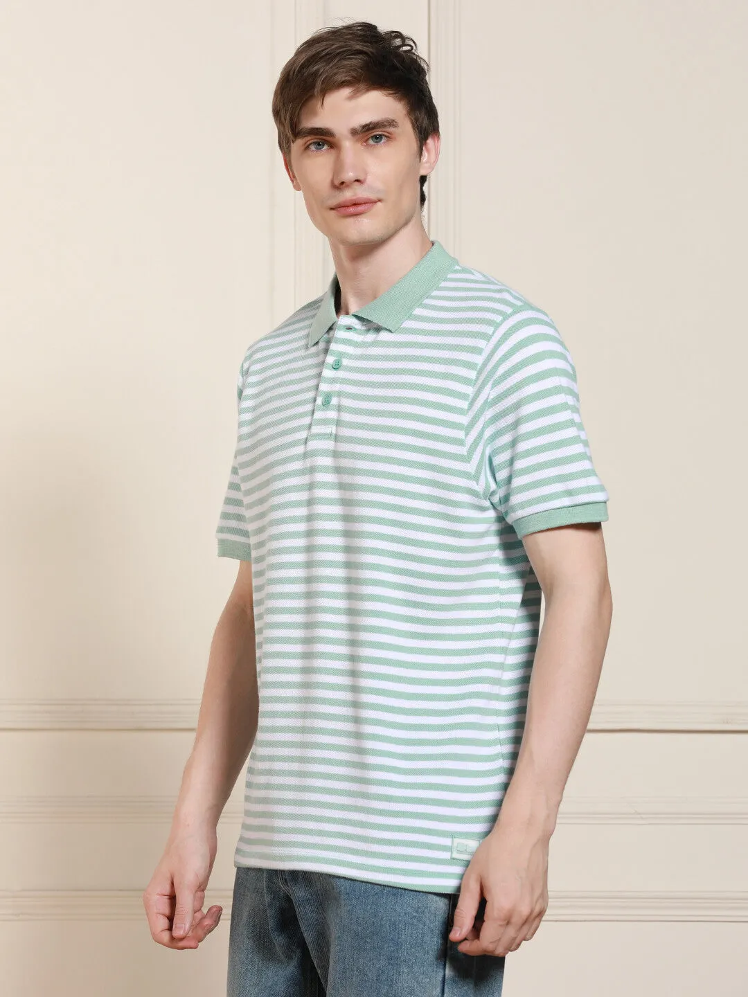 Men's Light Blue Striped Polo Collar Half Sleeves Casual T-Shirt