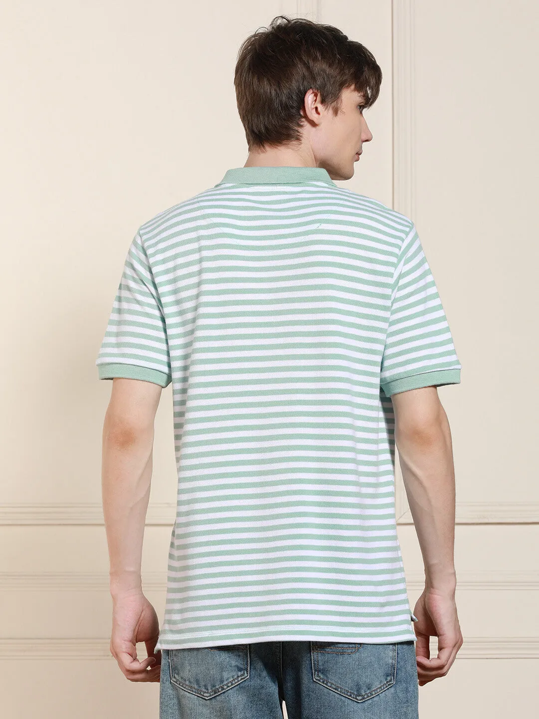 Men's Light Blue Striped Polo Collar Half Sleeves Casual T-Shirt