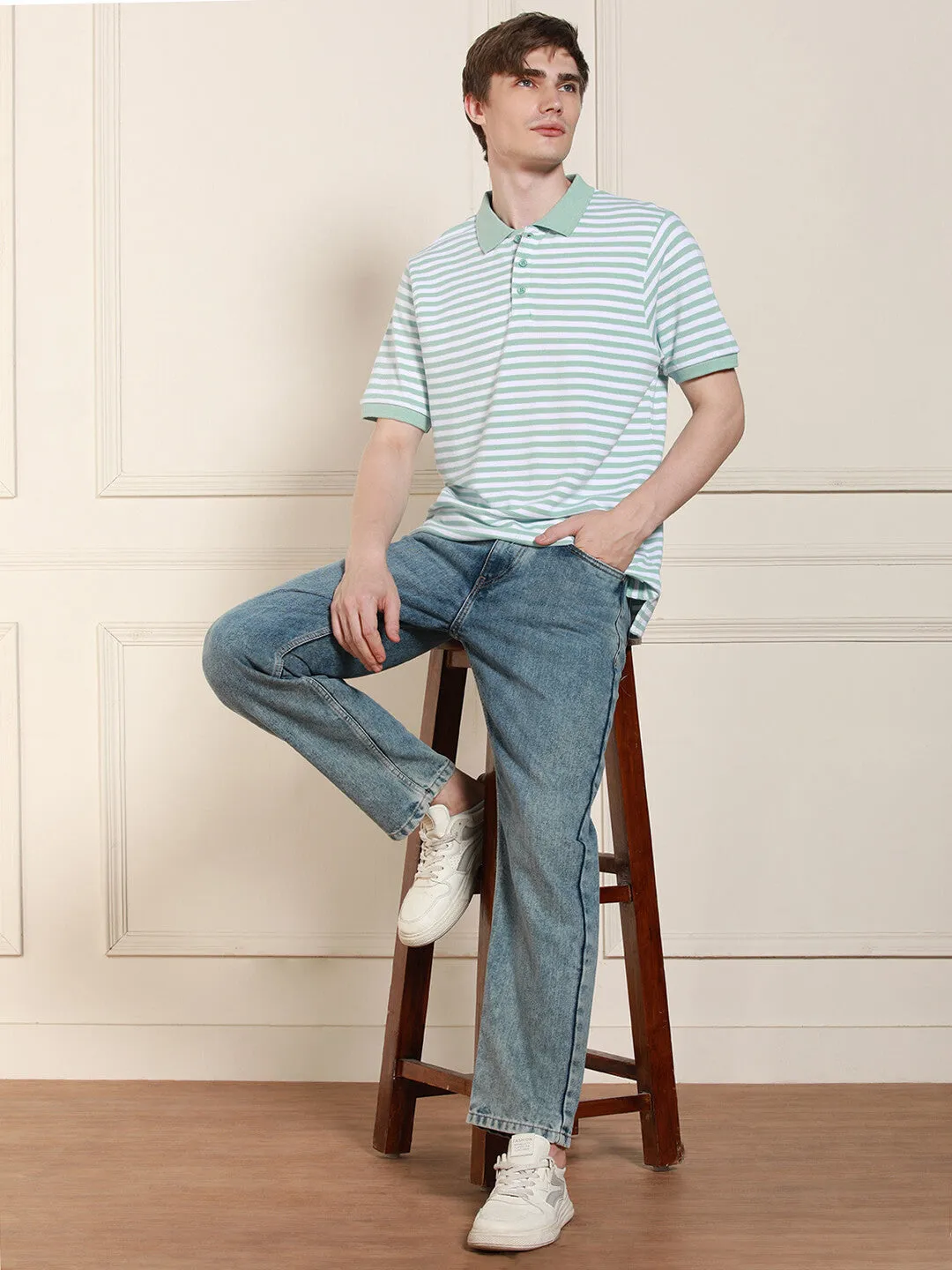 Men's Light Blue Striped Polo Collar Half Sleeves Casual T-Shirt