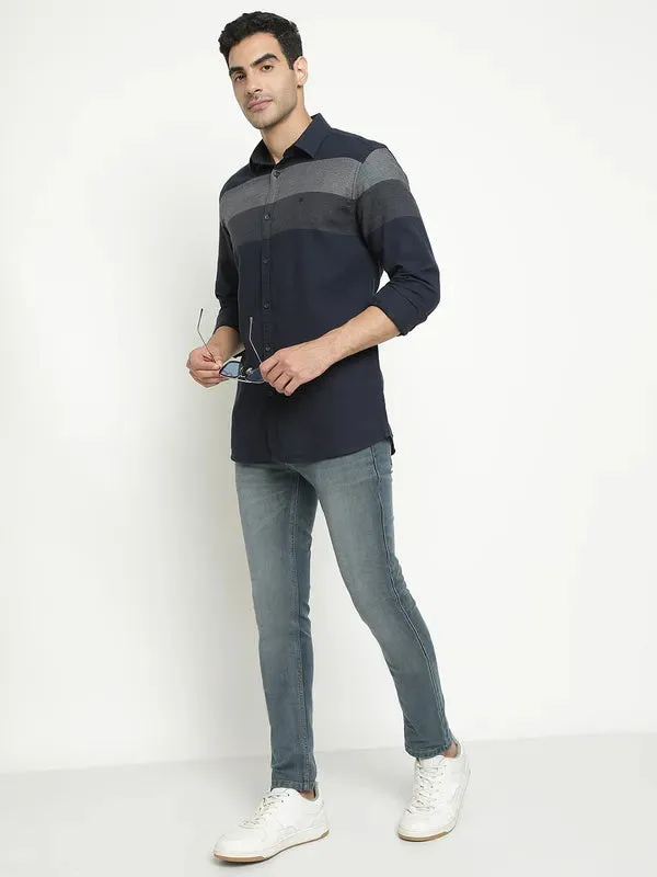 Mettle Men Navy Blue Horizontal Stripes Opaque Striped Casual Shirt