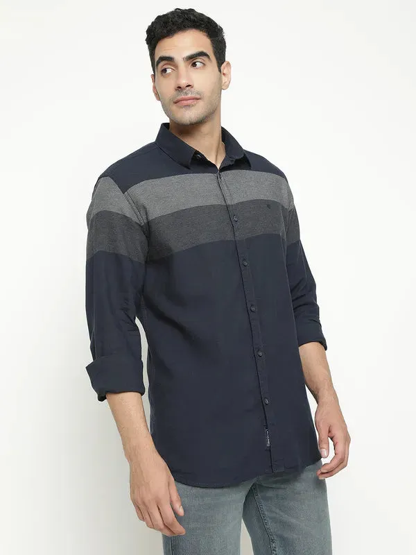 Mettle Men Navy Blue Horizontal Stripes Opaque Striped Casual Shirt