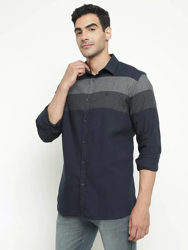 Mettle Men Navy Blue Horizontal Stripes Opaque Striped Casual Shirt