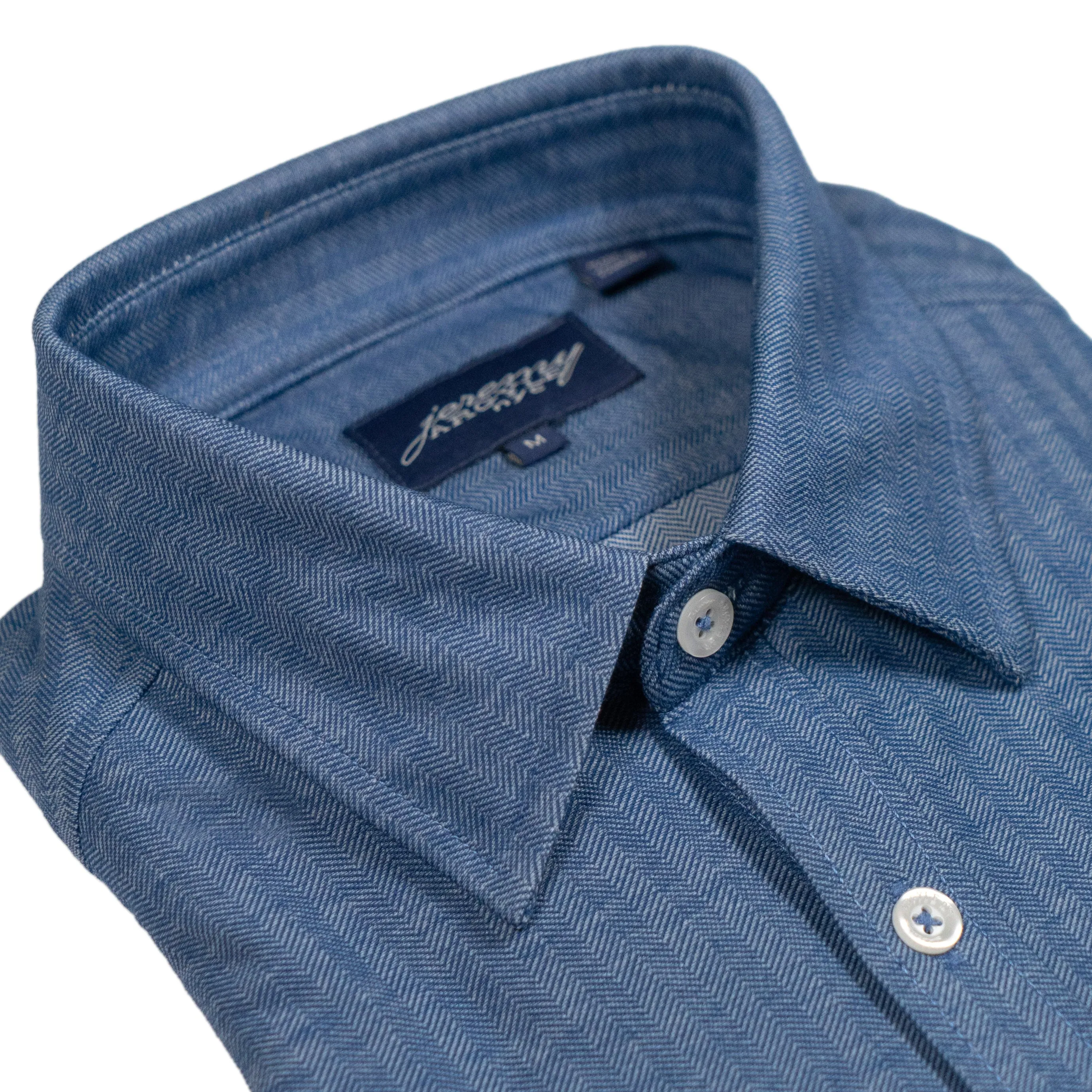 Navy Micro Herringbone 4-Way Stretch Shirt - Fitted Cut