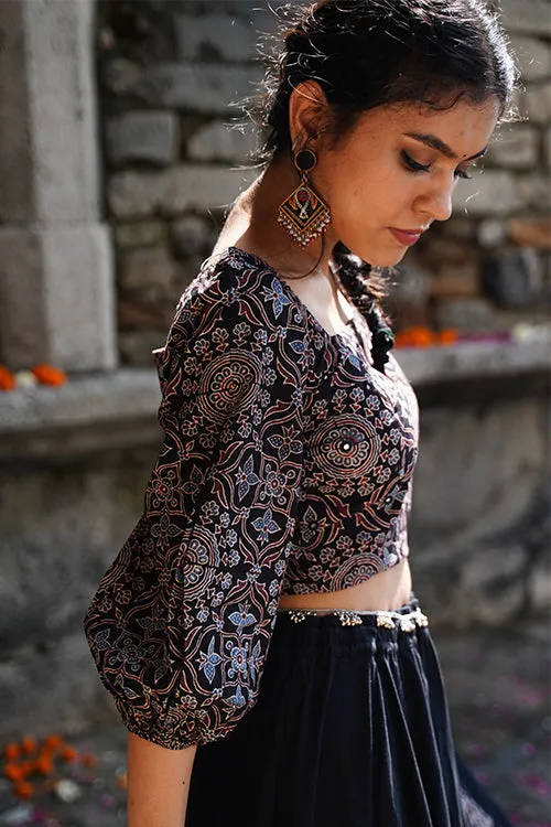 Okhai "Pratha" Hand-Embroidered Mirrorwork Black Ajrakh Pure Cotton Blouse