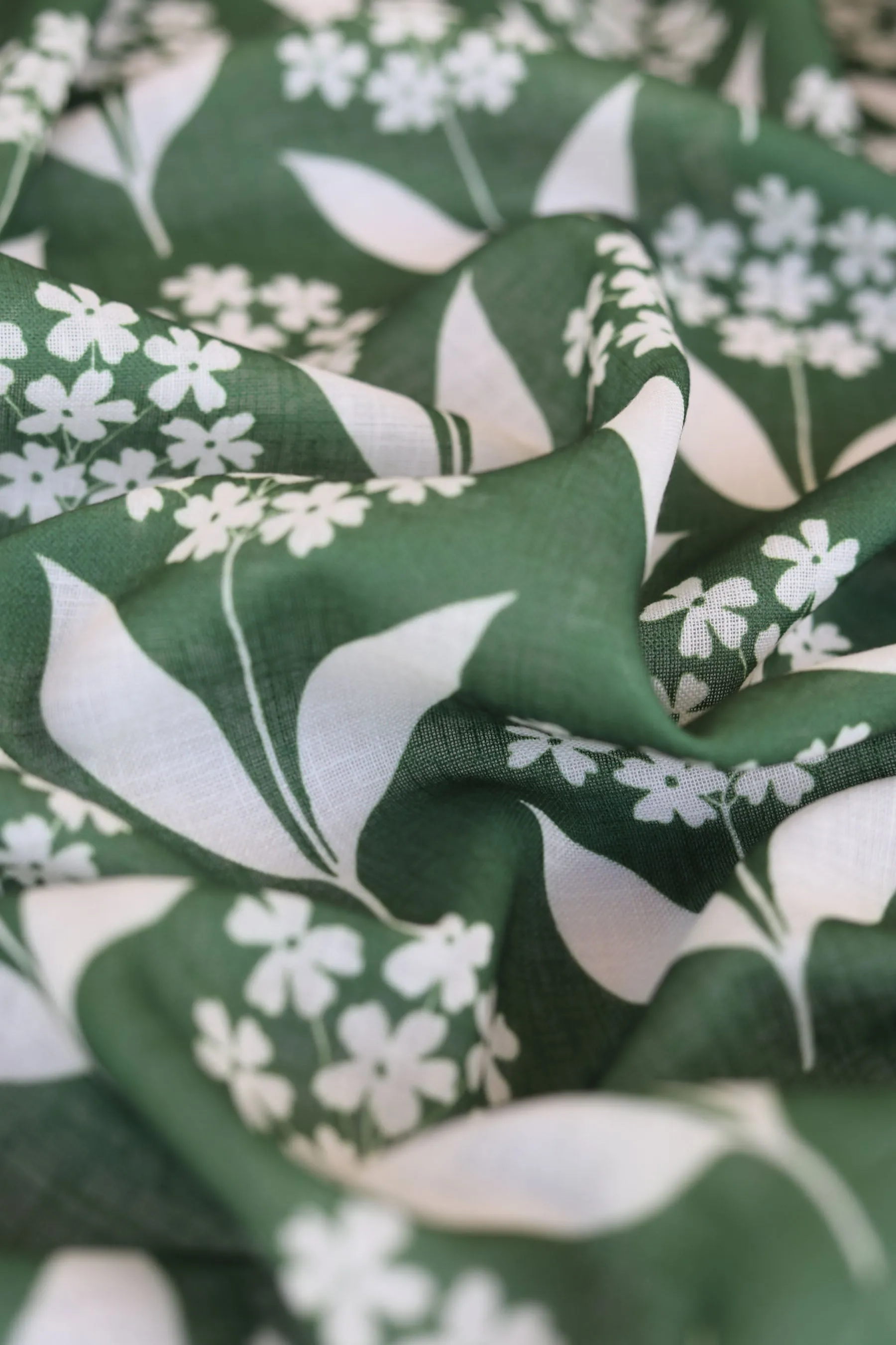 Olive Green Floral Pattern Printed Eco Poly Linen Fabric