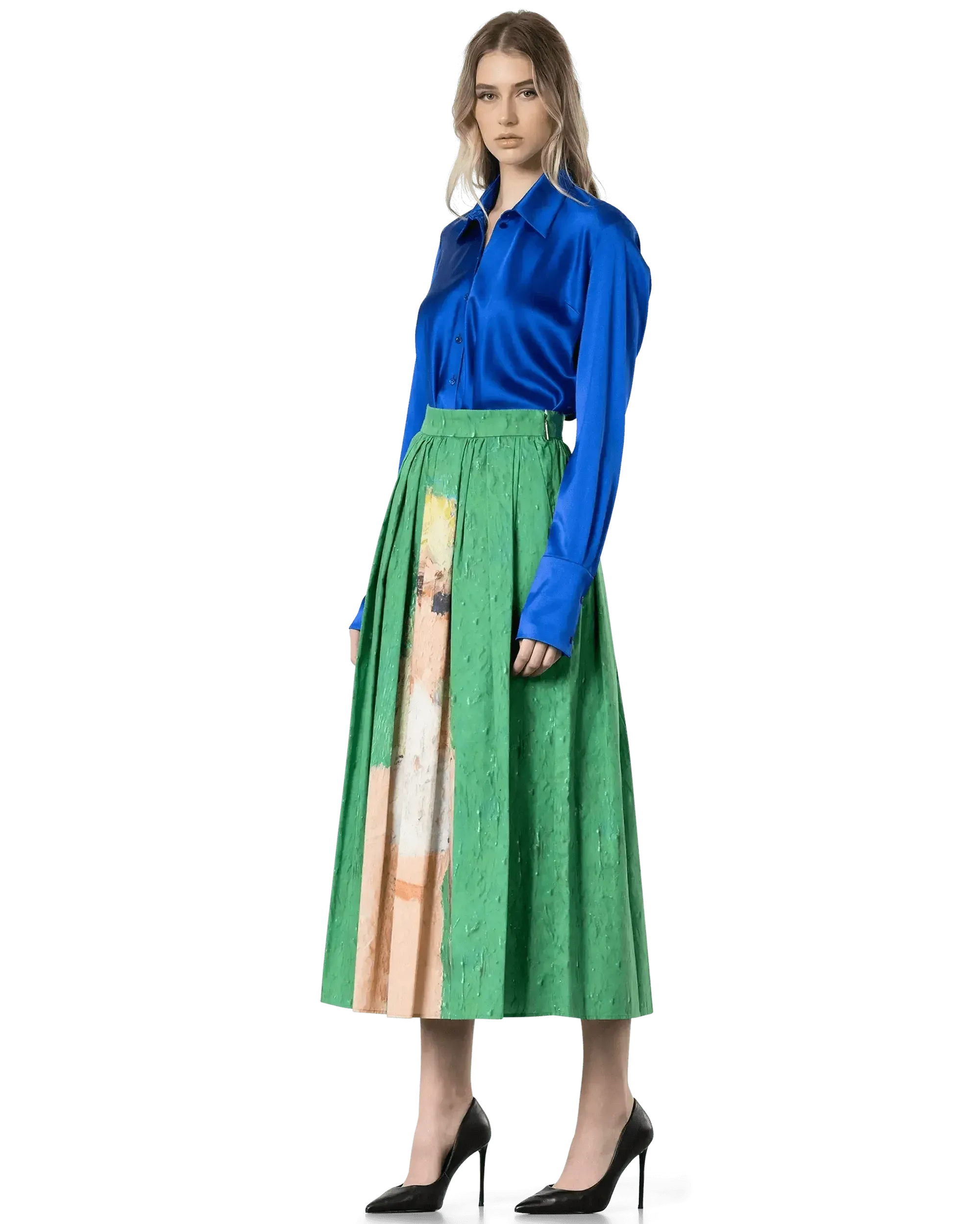 Pleated Print Midi Skirt