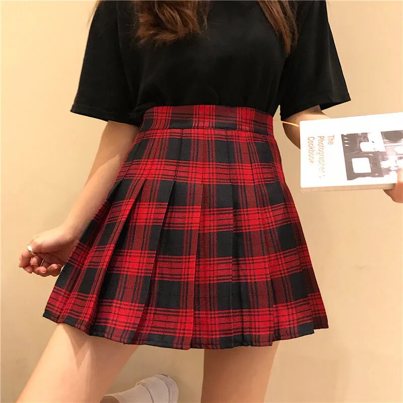 [Plus size] Gothic wine plaid A-line pleated skirt