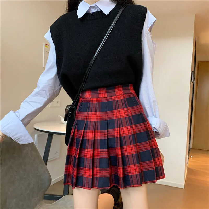 [Plus size] Gothic wine plaid A-line pleated skirt