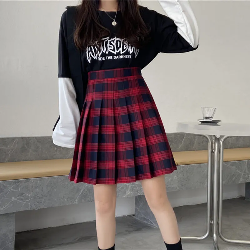 [Plus size] Gothic wine plaid A-line pleated skirt